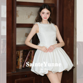 SainteYunne上与 花苞裙LQ812 新品 白茶茉莉 贵气绑带连衣裙秋季