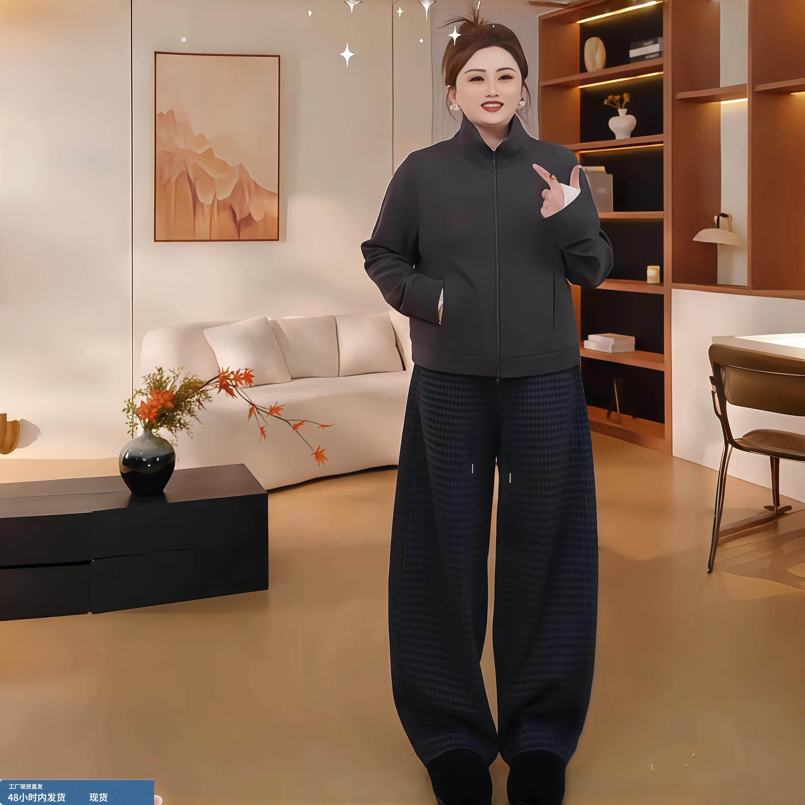 大码时尚加绒加厚保暖格子裤秋冬季微胖MM宽松遮肉毛呢休闲阔腿裤