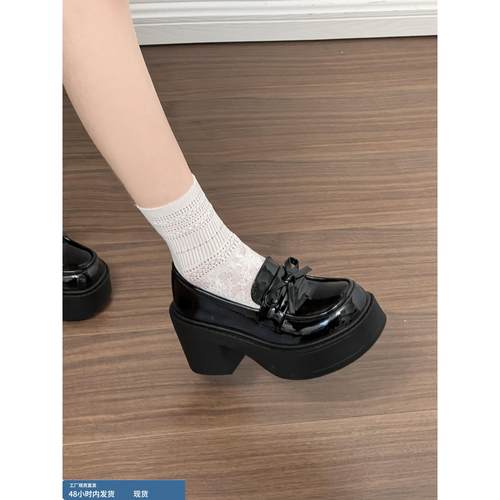 乐福鞋女黑色一脚蹬小个子女鞋厚底增高玛丽珍高跟鞋日系jk小皮鞋