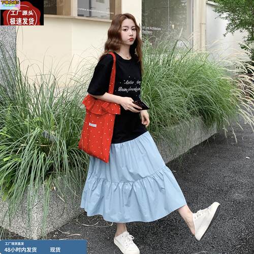 学院风撞色印花T恤撞色拼接连衣裙女夏季韩系休闲气质荷叶边长裙