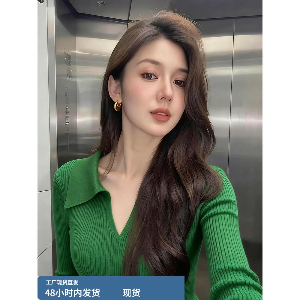 绿色polo领针织打底衫女秋冬高级感修身V领毛衣内搭巨好看的上衣