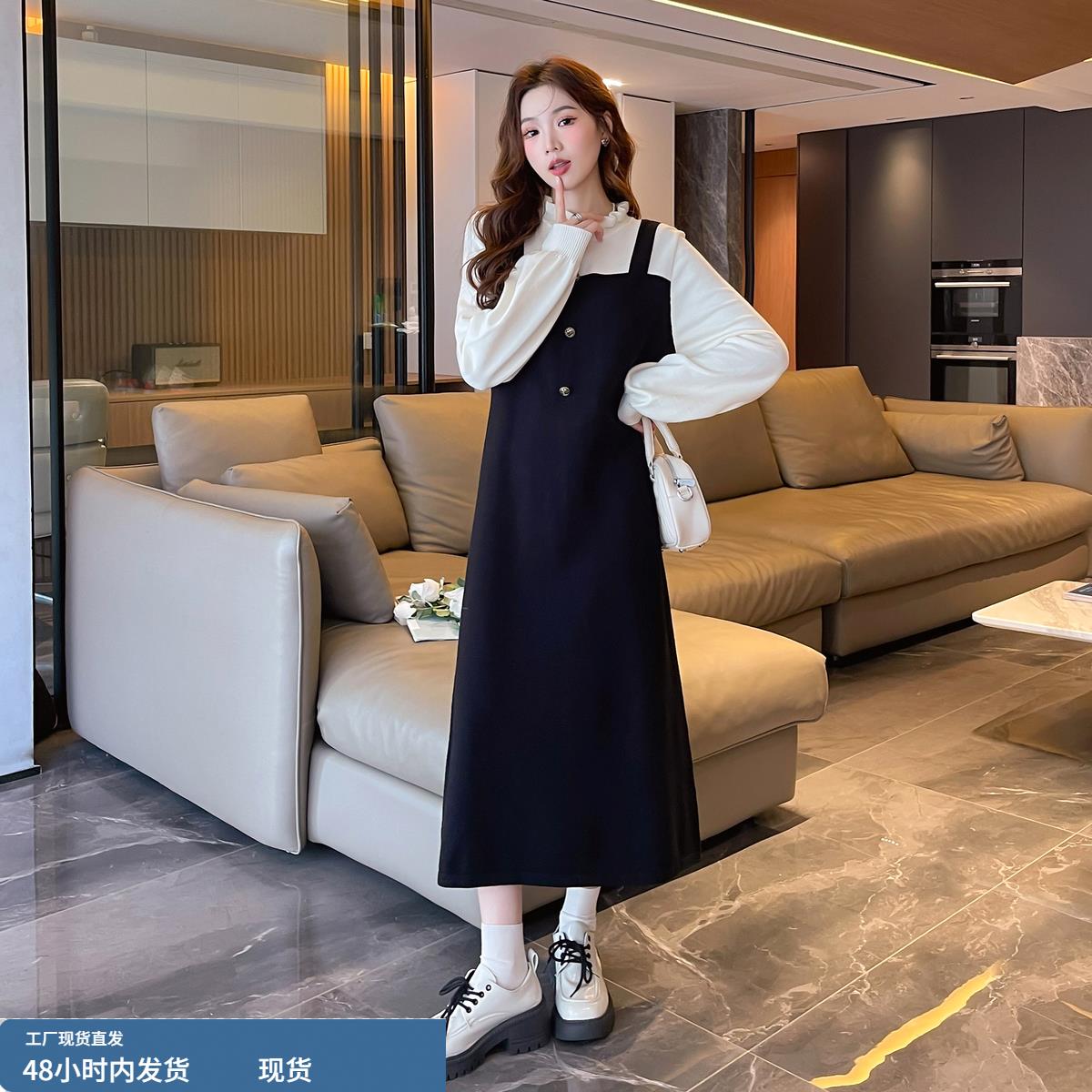 法式赫本风黑色针织连衣裙女秋冬大码胖mm气质巨显瘦打底毛衣裙子