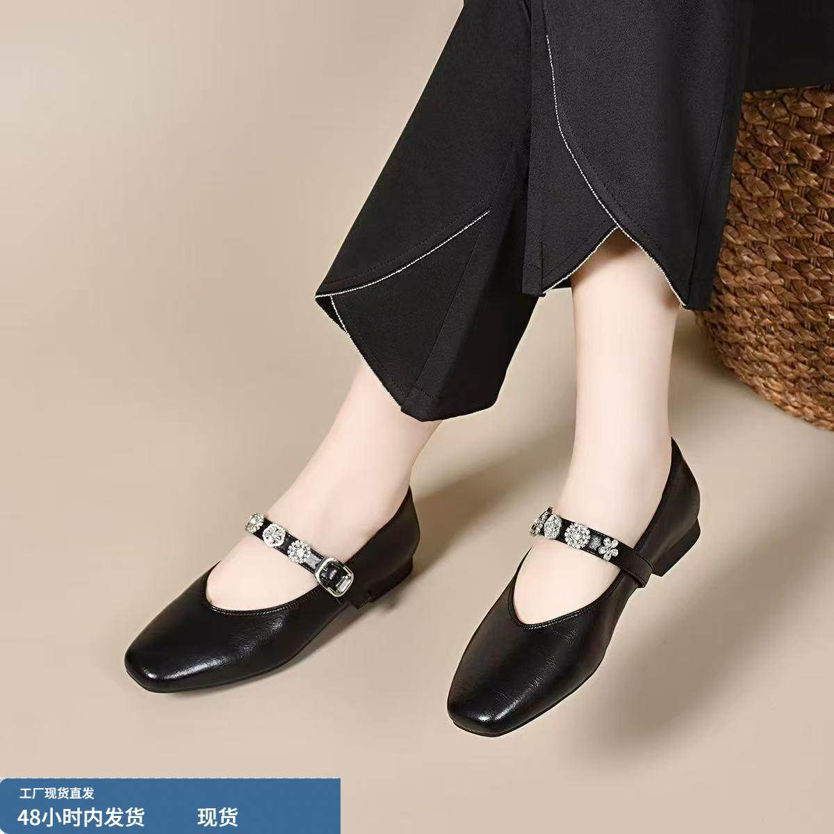 方头一字带真皮浅口平底单鞋法式玛丽珍软皮软底船鞋2025春季新款