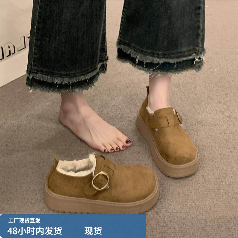 加绒加厚勃肯鞋女款2025新款冬季百搭一脚蹬保暖雪地靴厚底棉鞋子