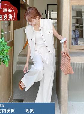 白色工装衬衫上衣阔腿裤套装两件套女夏盐甜系气质ootd穿搭一整套