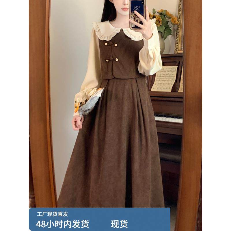 法式学院风假两件长袖连衣裙女秋冬大码胖mm减龄巨显瘦娃娃领长裙