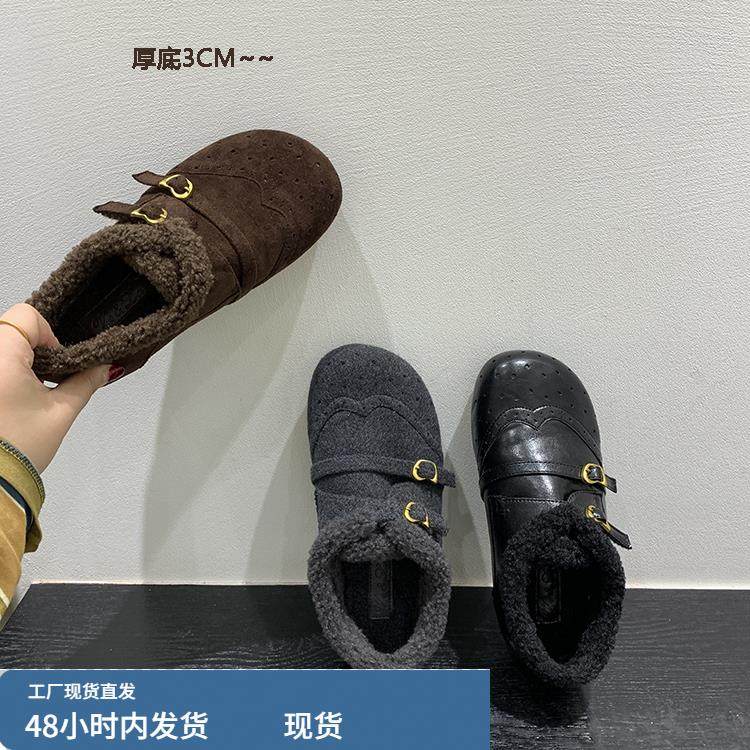 内增高！小众复古加绒勃肯鞋乐福鞋秋冬女鞋子保暖棉鞋雪地鞋单鞋