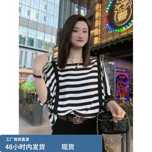 韩版横向条纹圆领宽松短袖T恤女夏季新款雪纺蝙蝠袖百搭显瘦上衣