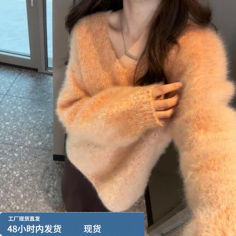 韩系温柔花纱软糯v领毛衣女秋冬宽松慵懒针织衫内搭巨好看的上衣