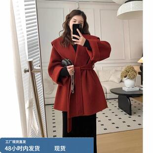 新年战 袍红色双面羊绒大衣女2025新款秋冬小个子夹棉加厚毛呢外