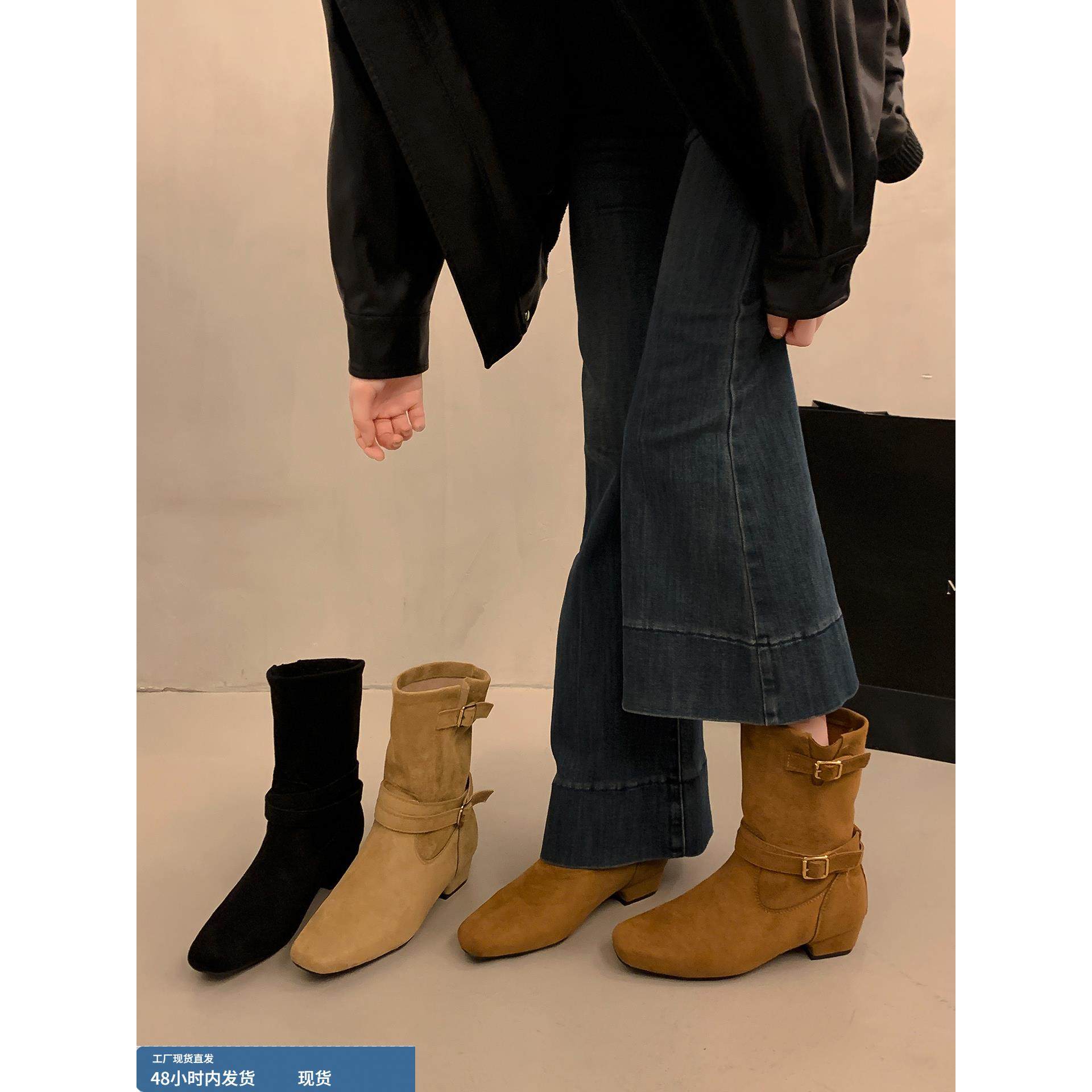 皮带扣马丁靴女秋冬瘦腿西部牛仔靴覆古粗跟机车堆堆短靴骑士靴子