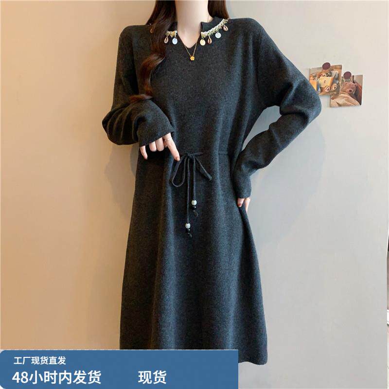 显瘦遮肚收腰针织裙子女2025秋冬新款大码胖mm高级感超好看连衣裙