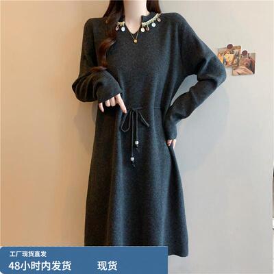 显瘦遮肚收腰针织裙子女2025秋冬新款大码胖mm高级感超好看连衣裙