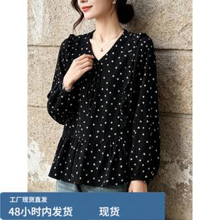 v领波点衬衫女款早秋季2026新款十三行黑色小衫秋装气质长袖上衣