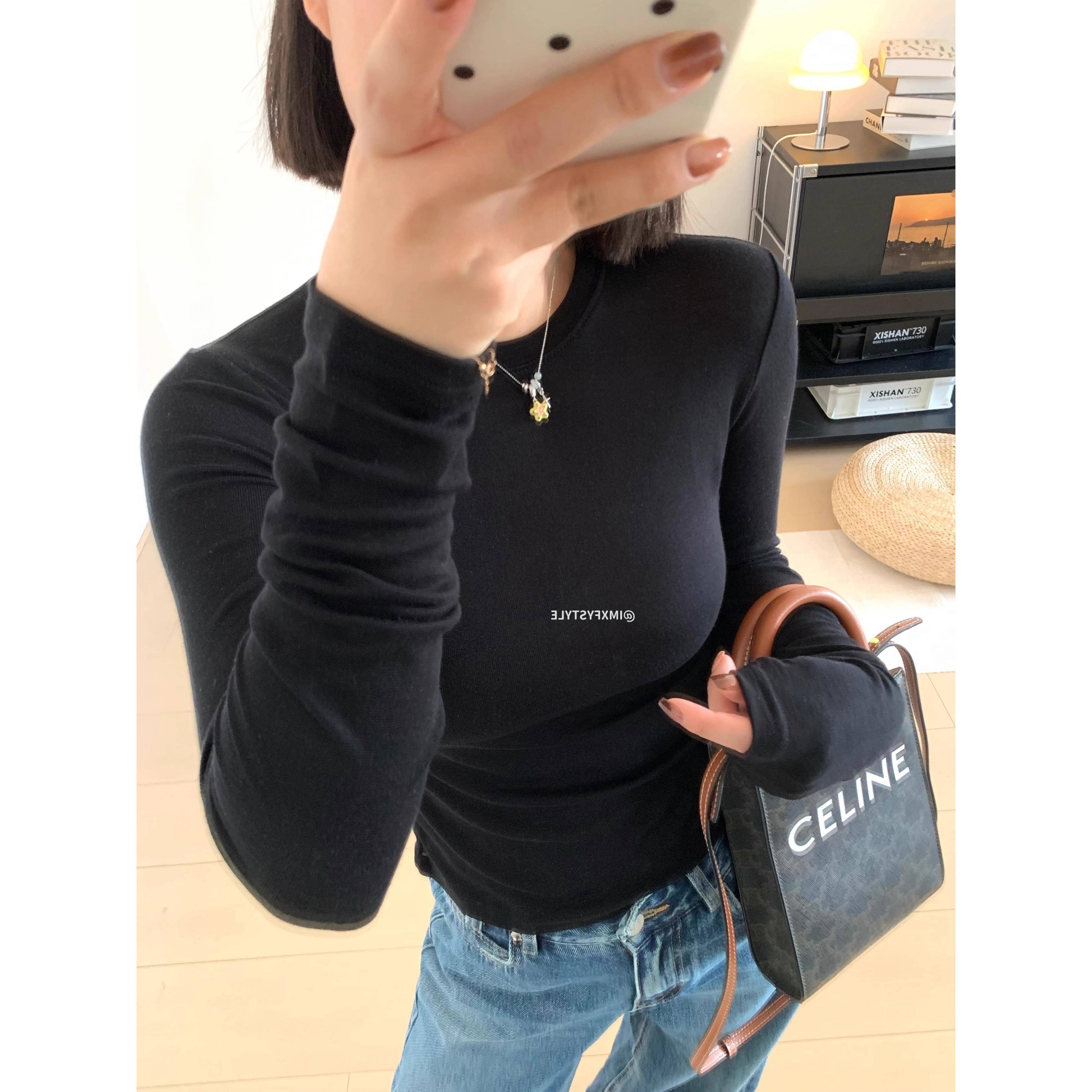 韩系极简黑色长袖t恤女早秋季正肩修身打底高级感chic别致上衣女