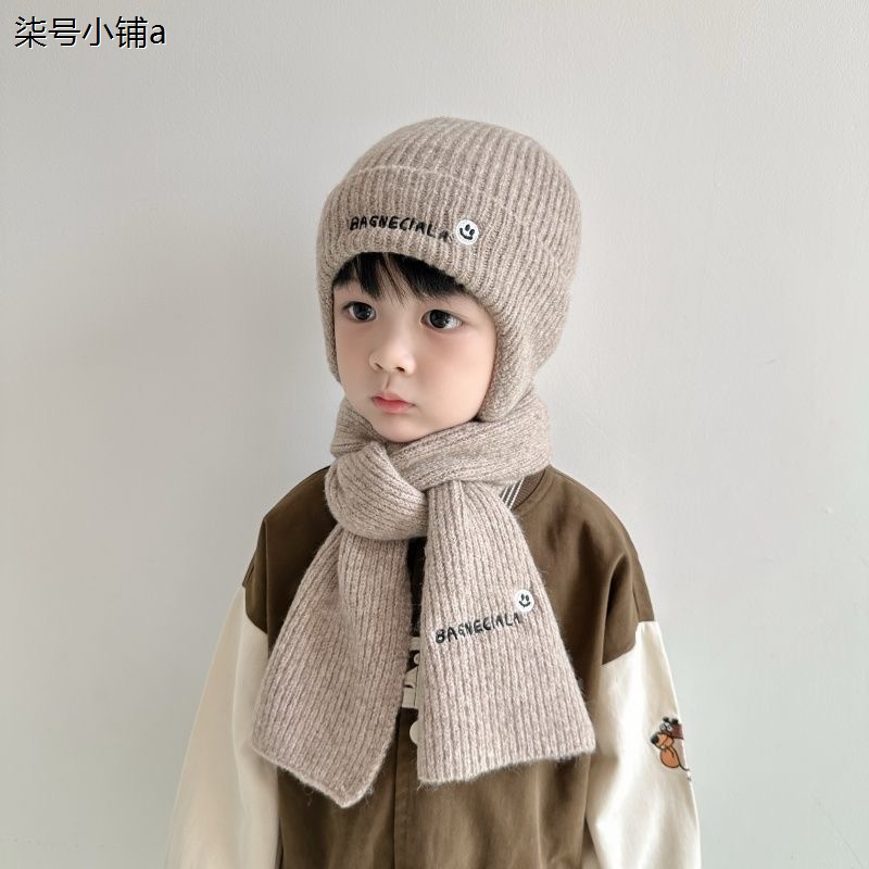 儿童帽子秋冬季男孩毛帽围套装女童加厚保暖宝宝针织线巾两件男帽