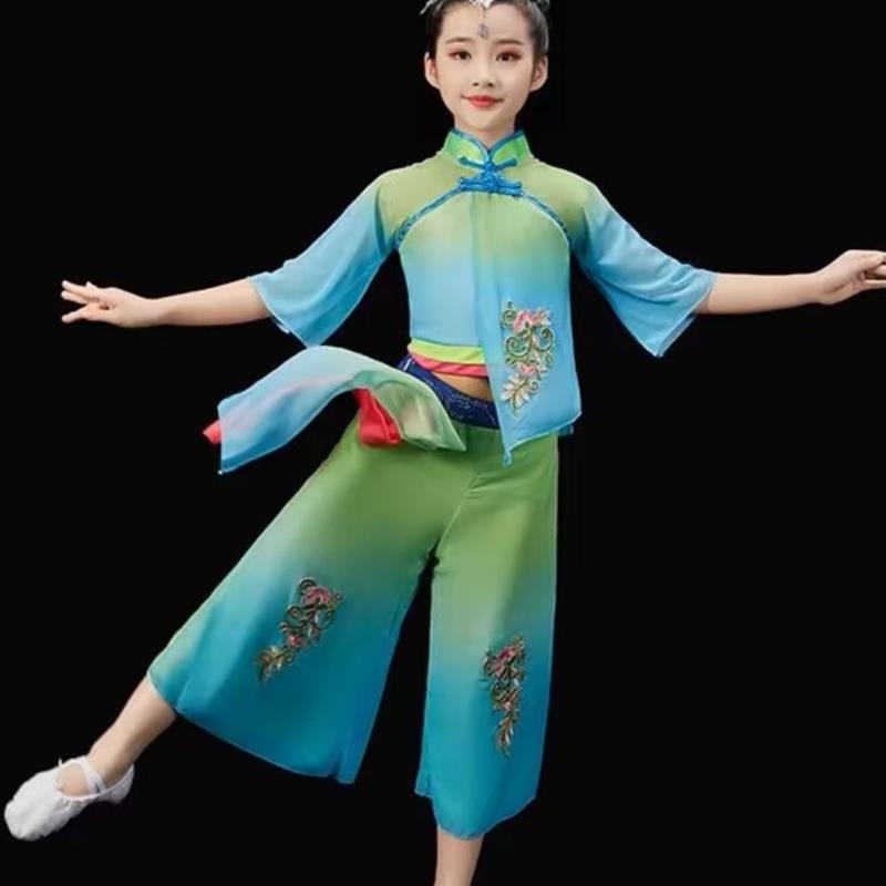儿童古典舞服装演出服女少儿中国舞茉莉花表演服扇舞秧歌绿色民族图片