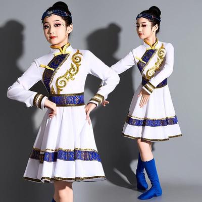 蒙古舞蹈演出服儿童新款蒙古族服装女童白马筷子舞蒙族民族袍夏季
