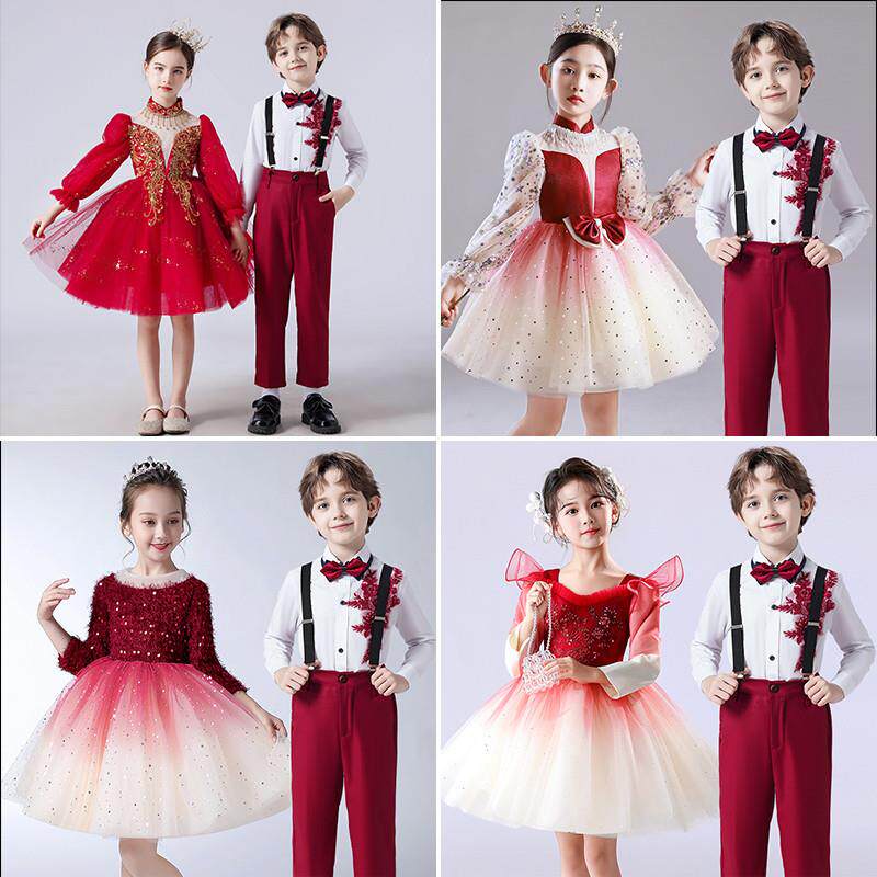 儿童合唱演出服中小学生大合唱团表演服装女童礼服红色蓬蓬裙套装