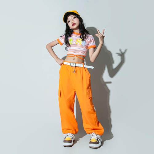 爵士舞女童表演服装时髦女孩jazz露脐童装潮牌套装儿童街舞演出服