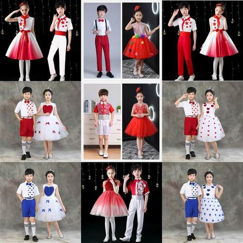六一儿童合唱演出服女童舞蹈蓬蓬裙小学生合唱团红色朗诵表演服装