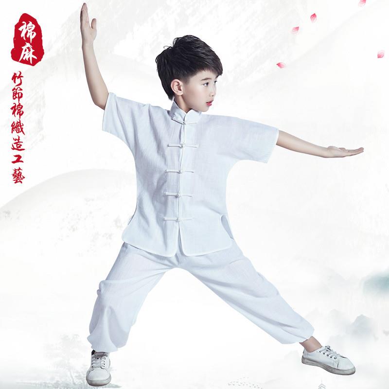儿童武术服装男女童太极拳练功服短袖夏少儿练武服表演服衣服棉麻图片