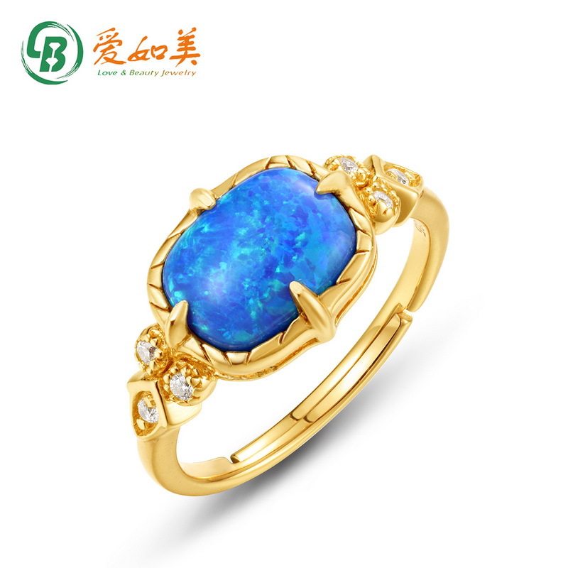 轻奢复古合成蓝欧泊戒指宫廷S925银渡18K金PT950铂金指环小众手饰
