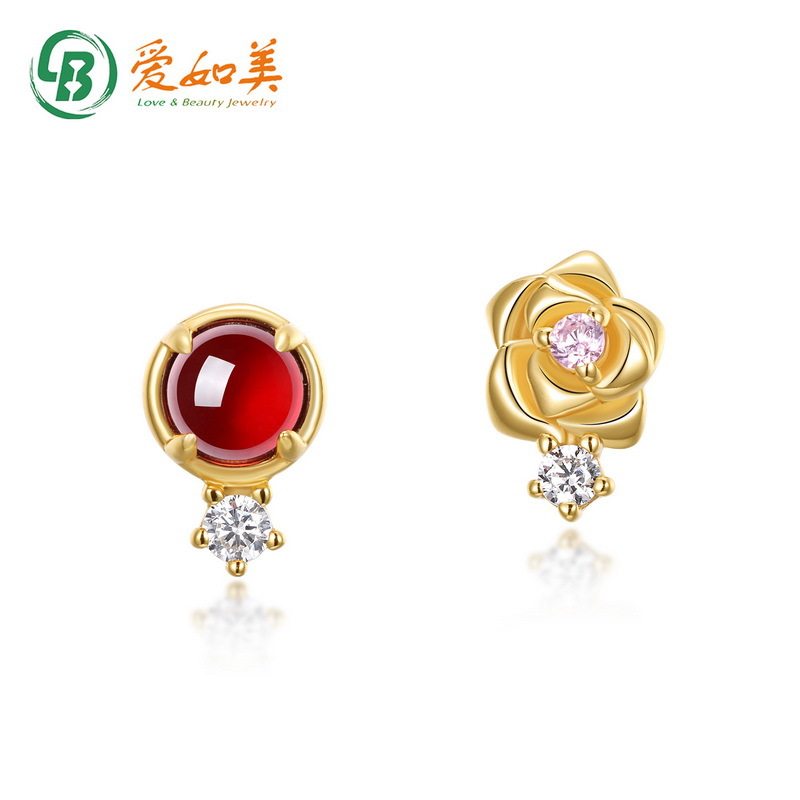 石榴石玫瑰花耳钉时尚新潮小巧精致S925银渡18K金PT950铂金耳环