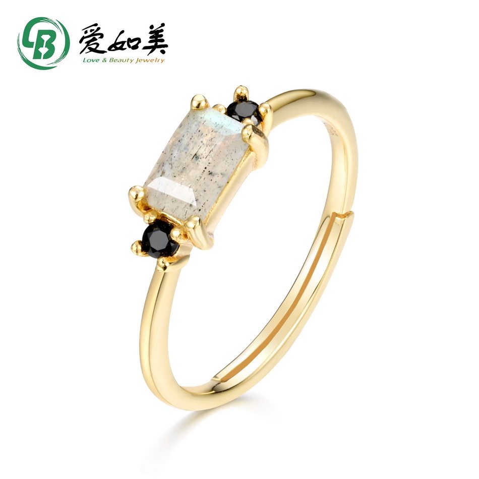 时尚简约几何拉长石戒指S925银渡18K金PT950铂金粉晶戒指小众设计