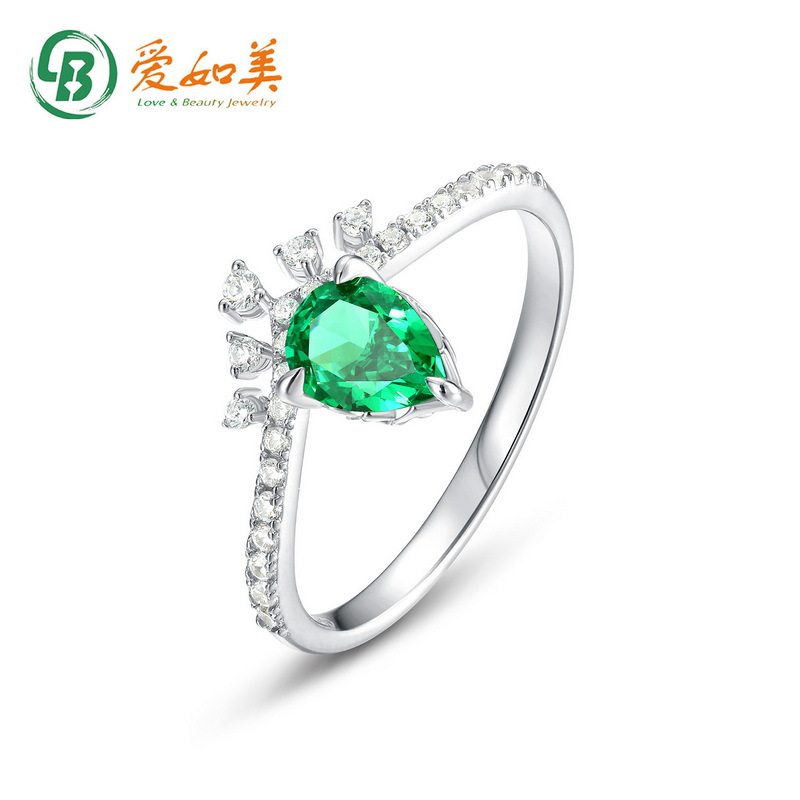 简约祖母绿色莫桑石戒指S925银渡18K金PT950铂金皇冠彩宝食指戒