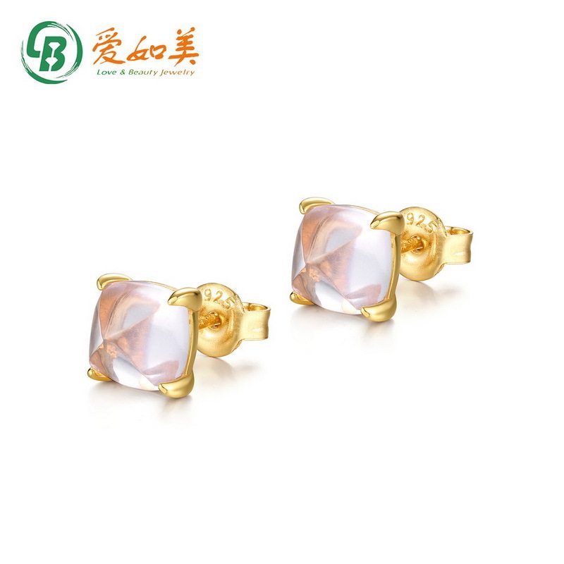 新款时尚百搭天然糖塔粉水晶耳钉简约S925银渡18K金PT950铂金耳环