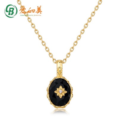 新品旦形黑玛瑙吊坠宫廷风S925银渡18K金PT950铂金镀金花朵项链