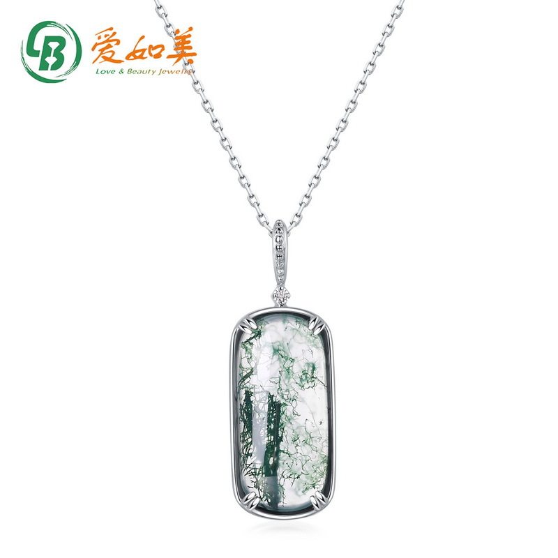 新款简约几何S925银渡18K金PT950铂金吊坠天然绿苔藓吊坠女锁骨链
