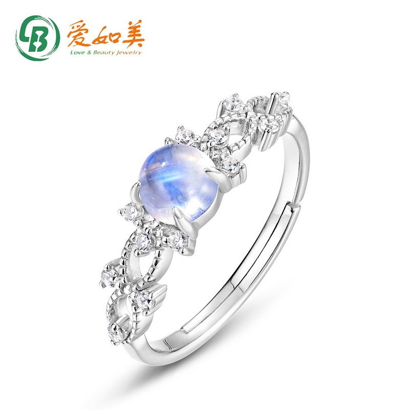 七彩蓝月光戒指百搭小众S925银渡18K金PT950铂金戒指女可调节手饰