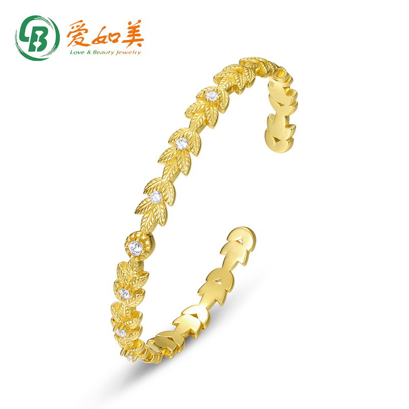 轻奢叶子手镯女时尚百搭开口S925银渡18K金PT950铂金镀金微镶手环