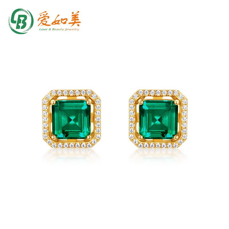 轻奢培育祖母绿耳钉高级S925银渡18K金PT950铂金耳环女双戴款耳饰