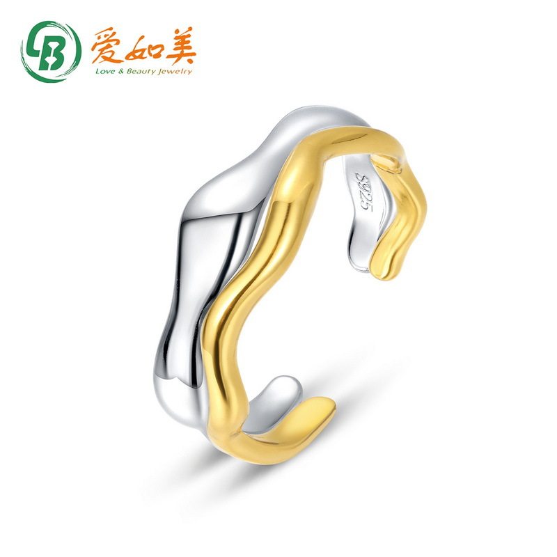 不规则波浪戒指女冷淡风S925银渡18K金PT950铂金双色戒指叠戴戒