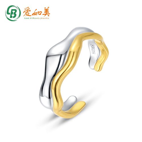 不规则波浪戒指女冷淡风S925银渡18K金PT950铂金双色戒指叠戴戒