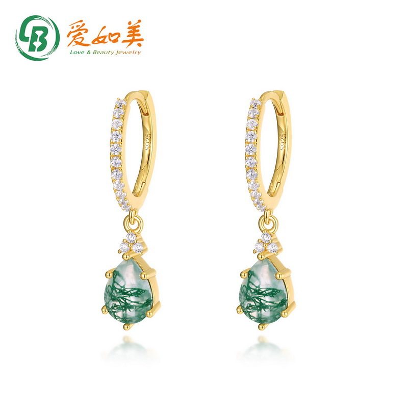 新款个性时尚简约水草玛瑙耳环小清新S925银渡18K金PT950铂金耳环
