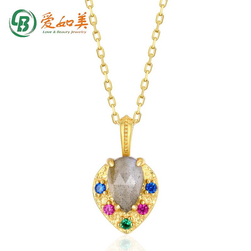古典彩宝心型纯银镀金吊坠S925银渡18K金PT950铂金天然拉长石项链