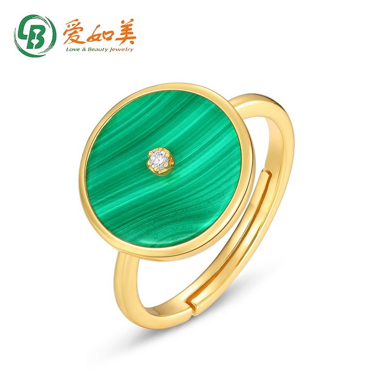孔雀石S925银渡18K金PT950铂金戒指开口款女式绿色甜甜圈几何圆形