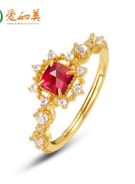 新款日系轻奢珠宝几何红刚玉戒指S925银渡18K金PT950铂金戒指复古