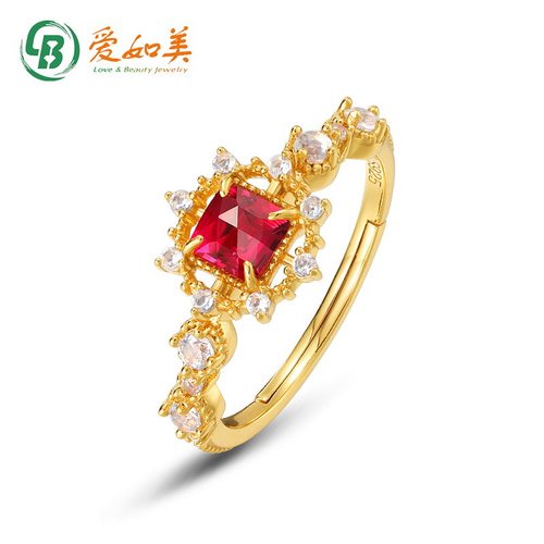 新款日系轻奢珠宝几何红刚玉戒指S925银渡18K金PT950铂金戒指复古