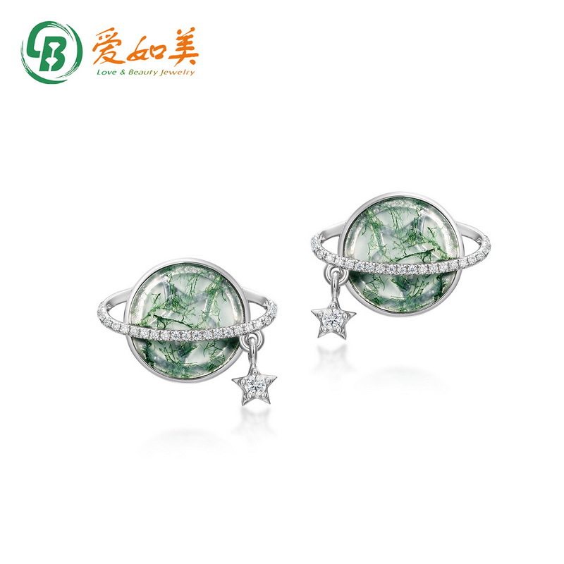 新款梦幻唯美星球耳环简约百搭S925银渡18K金PT950铂金绿苔藓耳环