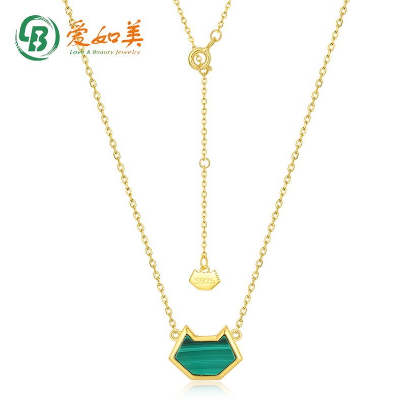可爱风孔雀石猫咪银项链女S925银渡18K金PT950铂金几何猫头项链