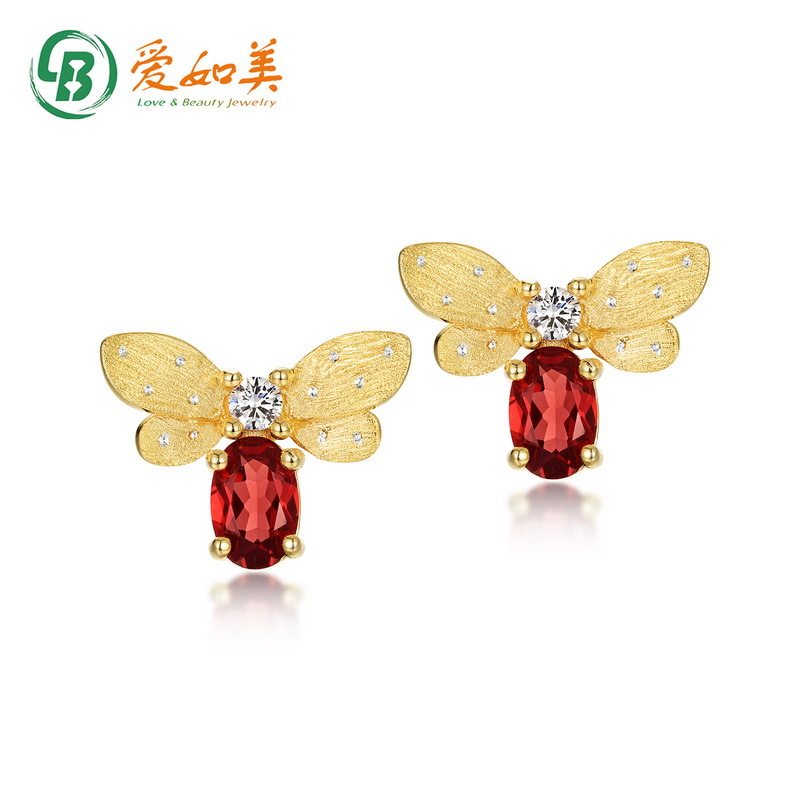 新款轻奢时尚小蜜蜂拉丝耳钉S925银渡18K金PT950铂金镶石榴石耳饰