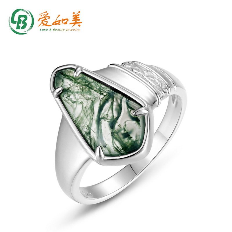 新款几何绿苔藓戒指轻奢流行S925银渡18K金PT950铂金水草玛瑙指戒