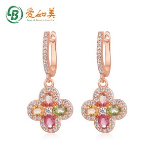 小清新四叶草碧玺耳环女S925银渡18K金PT950铂金彩色耳扣水晶耳饰