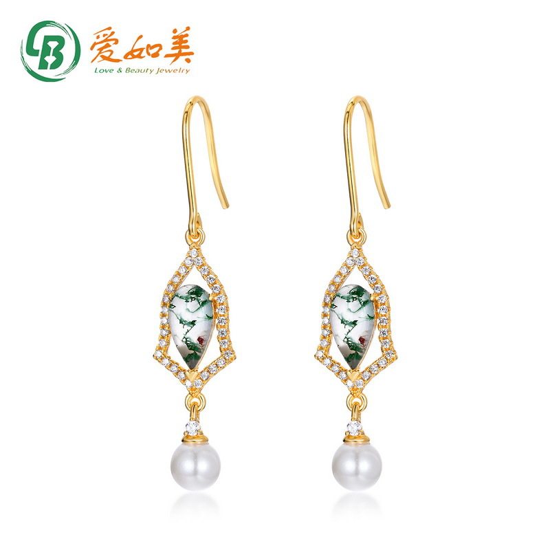 日韩时尚百搭长款绿苔藓流苏耳环S925银渡18K金PT950铂金珍珠耳钩