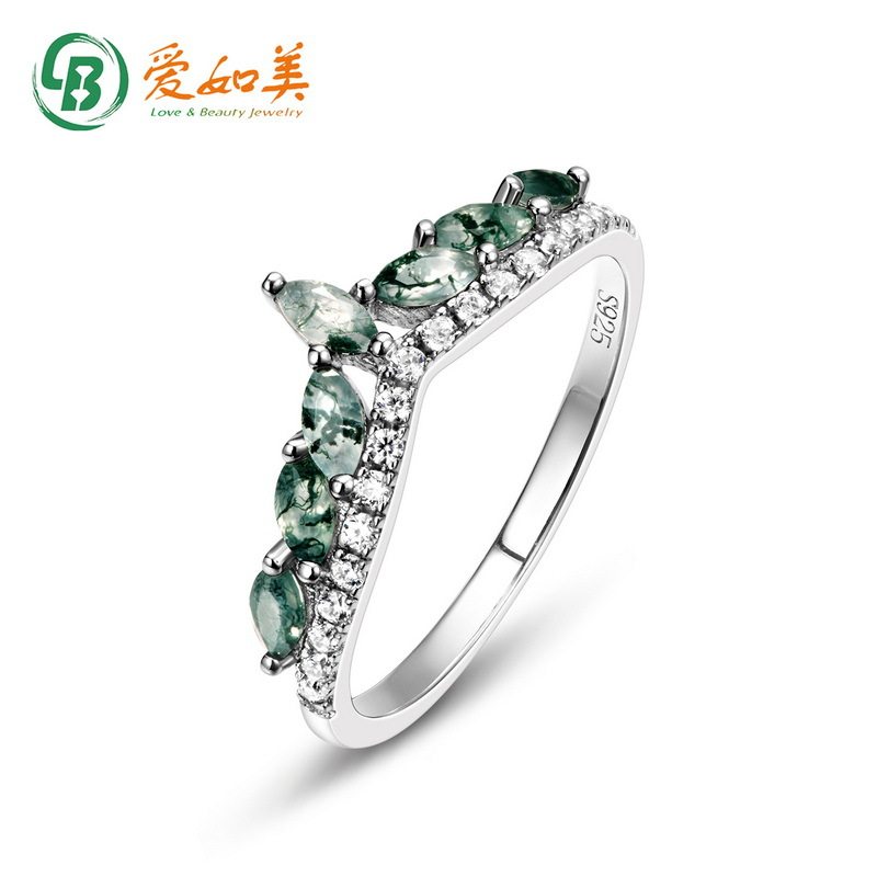 S925银渡18K金PT950铂金绿苔藓戒指水草玛瑙手饰高贵轻奢时尚风格
